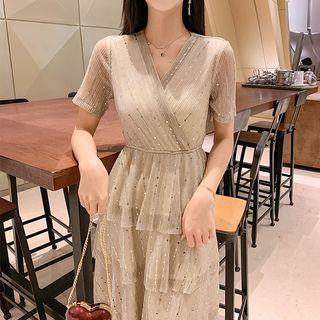 Short-sleeve Midi Chiffon Layered Dress