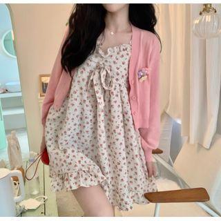 Ruffle Strap Floral Print A-line Dress / Cardigan With Brooch