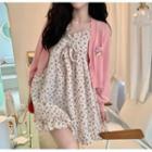 Ruffle Strap Floral Print A-line Dress / Cardigan With Brooch