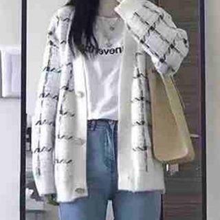 Check Cardigan / Washed Straight Leg Jeans / Set