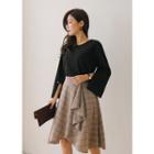 Round-neck Faux-pearl Button Slit-sleeve Top