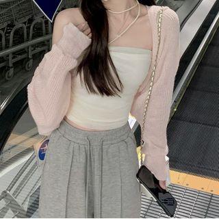 Halter-neck Smocked Tube Top / Long-sleeve Round-neck Cropped Knit Top
