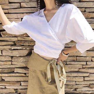 Set : Short-sleeve Blouse + Bow Midi Skirt
