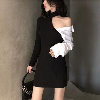 Mock-neck Two Tone Skinny Mini Skirt Black - One Size