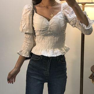 Gather Waist Ruffle Trim Padded Lace Top