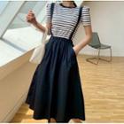 Set: Striped Short Sleeve T-shirt + Plain Jumper Dress Set - Top - Stripe - White - Dress - Black - One Size