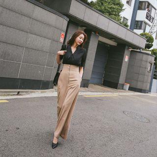 Set: Chelsea-collar Blouse + High-waist Wide Suspender Pants