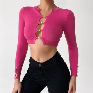 Faux Pearl Button-up Cropped Cardigan