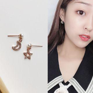 Faux Pearl Rhinestone Moon & Star Dangle Earring 1 Pair - Stud Earring - One Size