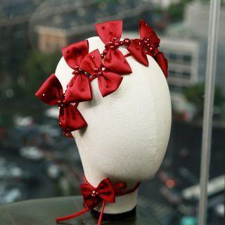 Set: Bow Hair Tie + Headband + Hair Clip 1 Pc - Headband - Red - One Size / 2 Pcs - Hair Clips - Red - One Size / 2 Pcs - Hair Ties - Red - One Size