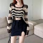 Open-knit Drawstring Crop Top / Slited High-waist Mini Skirt