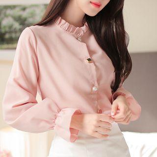Frill-neck Faux-gem Buttoned Blouse