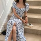 Short-sleeve Floral Print Midi Dress Blue Floral - White - One Size