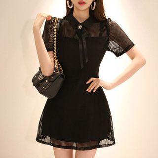 Shirt Collar Ribbon Tie Short-sleeve Mini A-line Dress