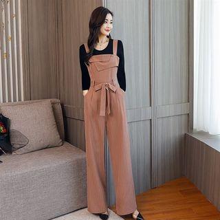 Set: Long-sleeve Top + Striped Wide-leg Jumper Pants