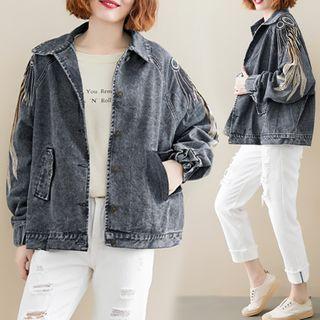 Floral Embroidered Denim Jacket Black Gray - One Size