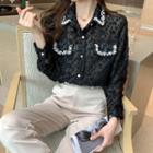Long Sleeve Faux Pearl Panel Lace Chiffon Blouse
