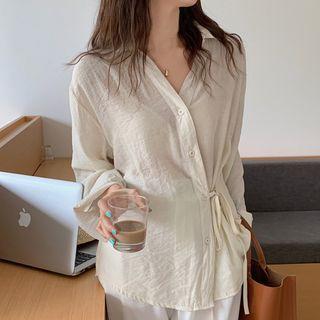 Long-sleeve Tie-strap Plain Shirt