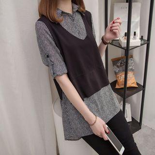Mock Two-piece Long-sleeve Striped Shirt