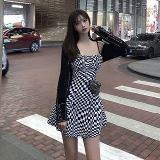 Sequined Cropped Open Front Jacket / Checked Spaghetti Strap Mini A-line Dress