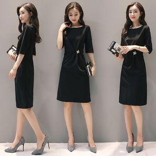 Elbow-sleeve Embellished A-line Dress