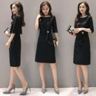 Elbow-sleeve Embellished A-line Dress