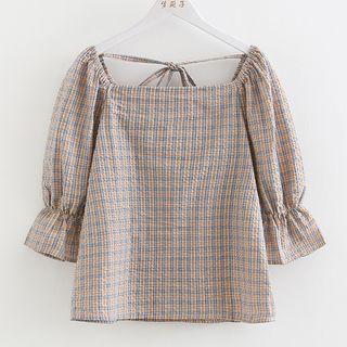 Plaid Square Neck Elbow-sleeve Top As Shown In Figure - One Size