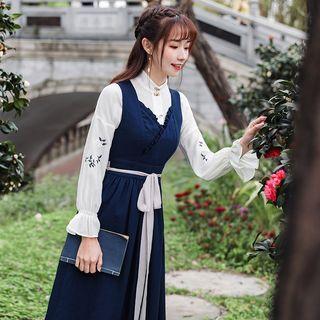 Ruffle Trim Blouse / Sleeveless Midi A-line Dress