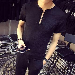 Set: Frog Button Short-sleeve T-shirt + Tapered Pants