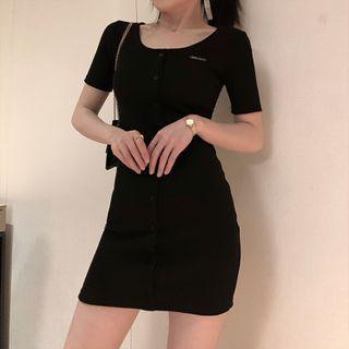 Buttoned Short-sleeve Mini T-shirt Dress Black - One Size