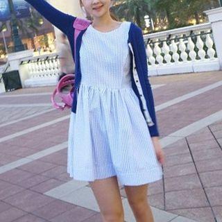 Buttoned Back Striped Sleeveless A-line Dress