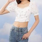 Cropped Square-neck Floral Embroidered Bow Top