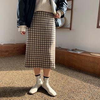 Plaid Midi Shift Skirt Plaid - Coffee - M