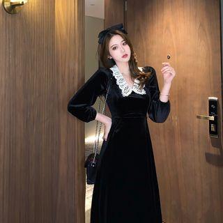 Long-sleeve Lace Collar A-line Midi Velvet Dress
