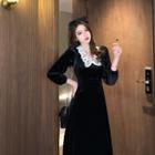 Long-sleeve Lace Collar A-line Midi Velvet Dress