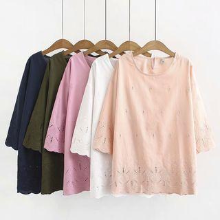 3/4-sleeve Embroidered Scallop Hem T-shirt