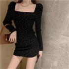 Long-sleeve Square Neck Rhinestone Mini Dress