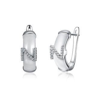 925 Sterling Silver Creative Simple Letter Z White Ceramic Earrings With Austrian Element Crystal Silver - One Size