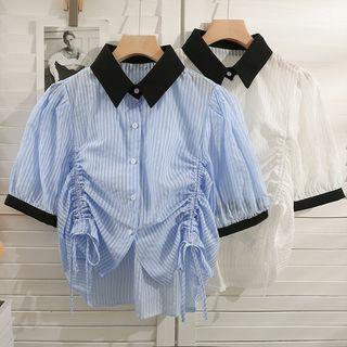 Striped Drawsrting Crop Shirt