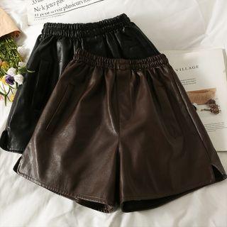 Faux-leather Side-slit Wide-leg Shorts