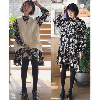 Plain V-neck Sweater Vest / Floral Print Long-sleeve A-line Dress