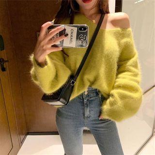 Asymmetric Shoulder Furry Sweater