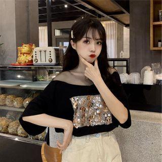 Elbow-sleeve Sequined T-shirt Black - One Size