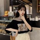 Elbow-sleeve Sequined T-shirt Black - One Size
