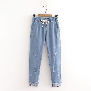 Rabbit Embroidered Distressed Cropped Harem Jeans