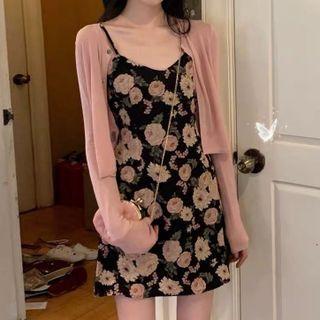 Set : Long-sleeve Plain Cropped Cardigan + Suspender Floral Dress