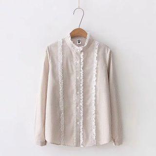 Lace Trim Long-sleeve Gingham Blouse
