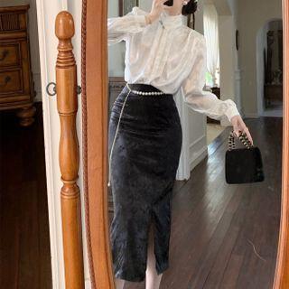 Mock-neck Puff-sleeve Blouse / Floral Print Pencil Skirt