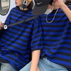 Couple Matching Elbow-sleeve Striped T-shirt Blue - One Size