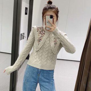 Embroidered Collar Cable Knit Sweater